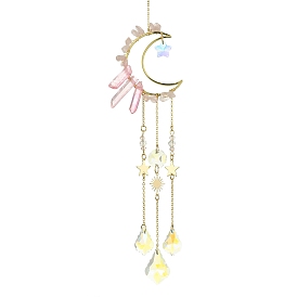Moon & Star Brass Hanging Ornaments, Natural Gemstone Chips and Glass Tassel Suncatchers