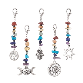 5 Porte-clés en pierres précieuses et perles de verre, alliage soleil/hamsa main/breloques arbre de vie, breloque fermoir mousqueton
