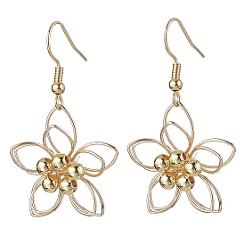 Brass Dangle Earrings, with 304 Stainless Steel Earring Hooks, Flower