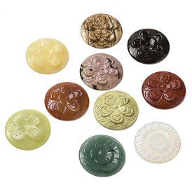 Mixed Gemstone Carved Cabochons, Flat Round with Flower