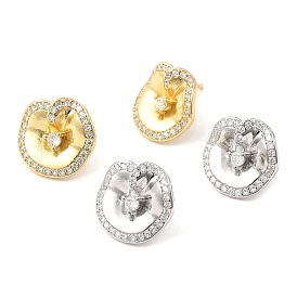 Brass Twist Flat Round Stud Earrings with Clear Cubic Zirconia, Lead Free & Cadmium Free