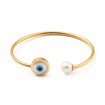 Shell Pearl & Evil Eye Open Cuff Bangle, 304 Stainless Steel Jewelry for Woman