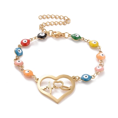 Вакуумное покрытие pvd 304 браслет из нержавеющей стали с сердечным ритмом, красочный эмалевый браслет с цепями от сглаза для женщин