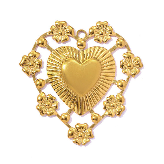 304 подвески из нержавеющей стали, подвеска в форме сердца с цветочным узором, ионное покрытие (ip), долговечный