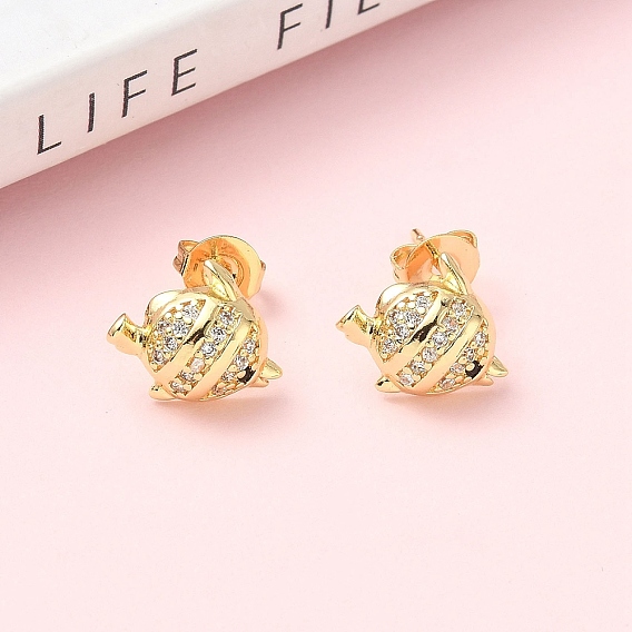 Серьги-гвоздики из латуни с микропаве из прозрачных кубических цирконий в форме рыб, стойки покрытие, без кадмия и без свинца