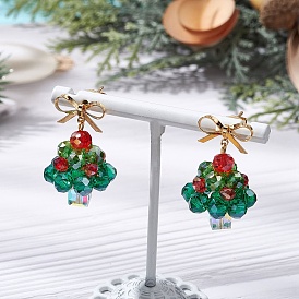 Handmade Glass Beads Dangle Stud Earrings, with Brass Findings, Golden, Christmas Tree