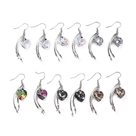 Dangle Earrings, with Heart Electroplated Glass Pendants, Stainless Steel Twist Shape Pendants, Earring Hooks and Ice Pick Pinch Bails