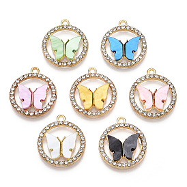 Alloy Pendants, with Crystal Rhinestone and Acrylic, Ring with Butterfly Charm, Light Gold, Cadmium Free & Nickel Free & Lead Free