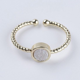 Adjustable Natural Druzy Agate Cuff Finger Rings, with Brass Findings, Flat Round, Size 7, Light Gold