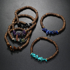 Chips de pierres précieuses naturelles et synthétiques mélangées et bracelets extensibles en perles de disque de noix de coco