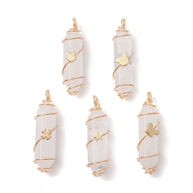 Natural Quartz Crystal Copper Wire Wrapped Pendants, Rock Crystal, Faceted Bullet Charms with Light Gold Tone Brass Beads, Mixed Shapes