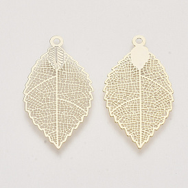 Brass Filigree Pendants, Nickel Free, Leaf, Real 18K Gold Plated