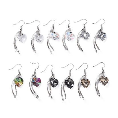 Dangle Earrings, with Heart Electroplated Glass Pendants, Stainless Steel Twist Shape Pendants, Earring Hooks and Ice Pick Pinch Bails