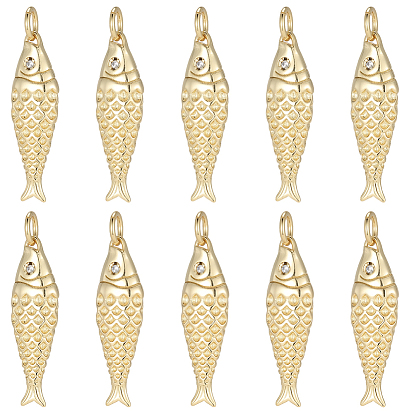 10Pcs Rack Plating Brass Pendants, Fish Charms, Cadmium Free & Lead Free, Long-Lasting Plated, with Jump Ring