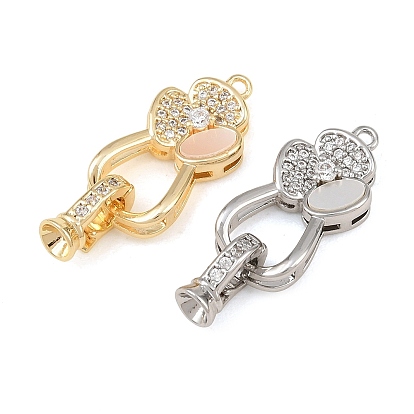 Brass Micro Pave Clear Cubic Zirconia Fold Oval Clasp, Flower, with Shell