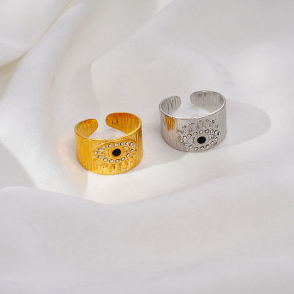 304 Stainless Steel Rhinestone Cuff Open Rings for Women, Evil Eye