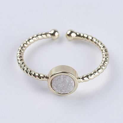 Adjustable Natural Druzy Agate Cuff Finger Rings, with Brass Findings, Flat Round, Size 7, Light Gold