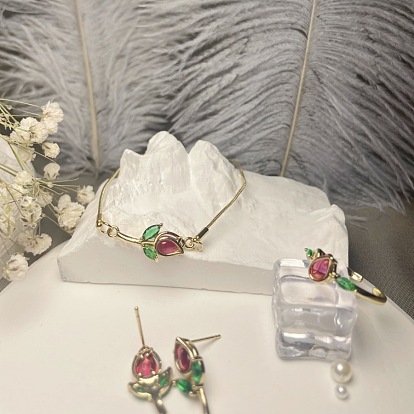 Комплекты из браслетов, колец и серег из латуни со стразами в форме тюльпана