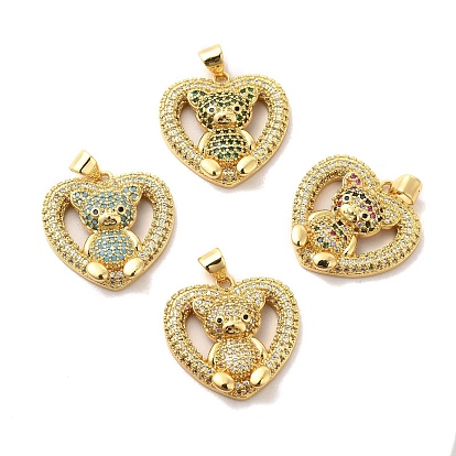 Brass Micro Pave Cubic Zirconia Pendants, Heart with Bear Charms, Golden