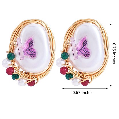 Shell Pearl with Acrylic Butterfly Stud Earrings, Golden Brass Wire Wrap Jewelry for Women