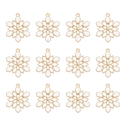 Barrel Plating Alloy Enamel Pendants, Snowflake Charm, Lead Free & Cadmium Free, Light Gold