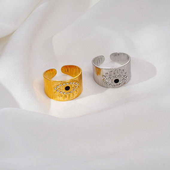 304 Stainless Steel Rhinestone Cuff Open Rings for Women, Evil Eye