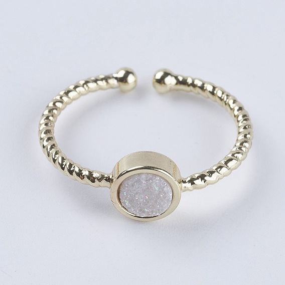 Adjustable Natural Druzy Agate Cuff Finger Rings, with Brass Findings, Flat Round, Size 7, Light Gold