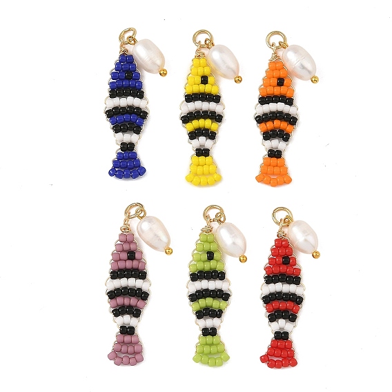 Colgantes de perlas cultivadas de agua dulce y cuentas de vidrio Toho, Amuletos de peces tropicales, con 304 anillos de salto abiertos de acero inoxidable, real 18 k chapado en oro