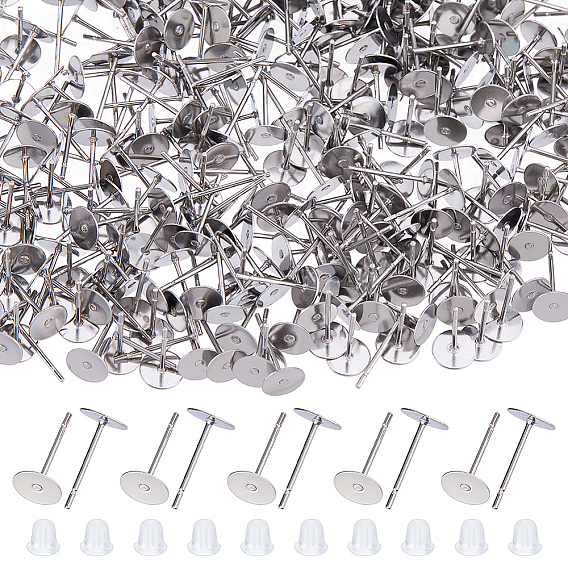 304 Stainless Steel Blank Flat Round Stud Earring Findings, with Plastic Ear Nuts