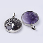 Gemstone Pendants, with Platinum Plated Brass Findings, Flat Round with Tree of Life
