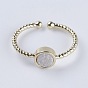 Adjustable Natural Druzy Agate Cuff Finger Rings, with Brass Findings, Flat Round, Size 7, Light Gold