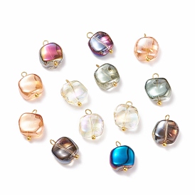 Electroplate Glass Beads Pendants, with Brass Ball Head Pins, Multi-color Plated, Square