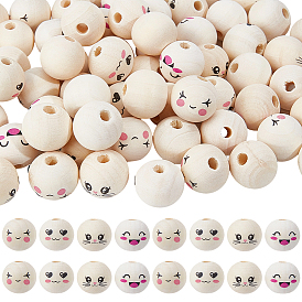 100 pcs 4 styles perles européennes en bois imprimé, expression faciale, grosses perles rondes imprimées, non teint