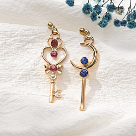 Sweet and Chic Asymmetrical Magic Wand Earrings with Moon and Heart CZ Stones for Women
