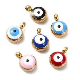 Ion Plating(IP) Real 18K Gold Plated 201 Stainless Steel Charms, with Enamel, Evil Eye Charms