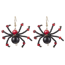 Glass Dangle Earrings, with Natural Obsidian Beads and 304 Stainless Steel Earring Hooks, Spider, For Halloween