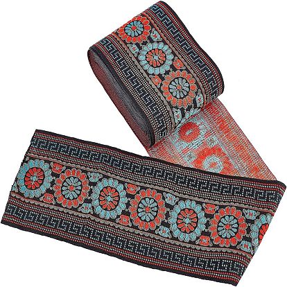 Ethnic Style Embroidery Polycotton Ribbons, Jacquard Ribbon, with Gold & Black & Light Blue Flower Pattern, Garment Accessories