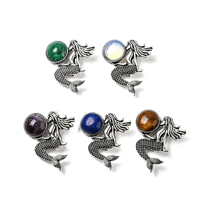 Брошь-русалка из сплава двойного назначения, С камнями, античное серебро