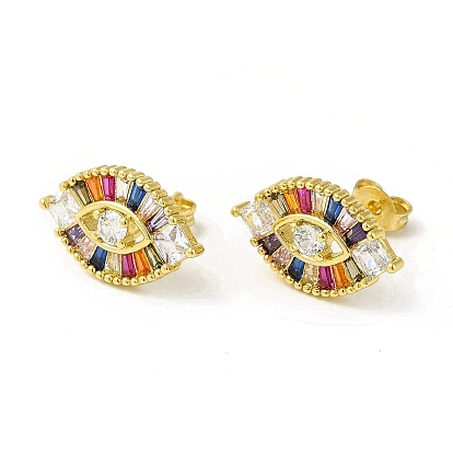 Colorful Cubic Zirconia Horse Eye Stud Earrings, Brass Jewelry for Women, Cadmium Free & Nickel Free & Lead Free
