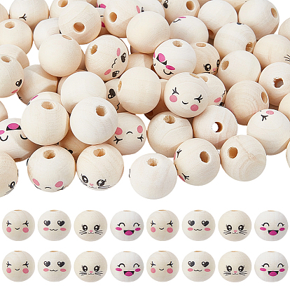 100 pcs 4 styles perles européennes en bois imprimé, expression faciale, grosses perles rondes imprimées, non teint