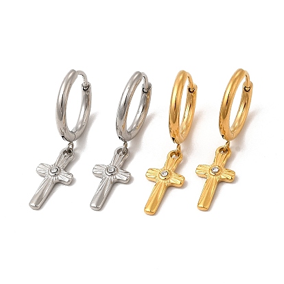 Crystal Rhinestone Cross Dangle Hoop Earring & Pendant Nacklace, 304 Stainless Steel Jewelry Set for Women