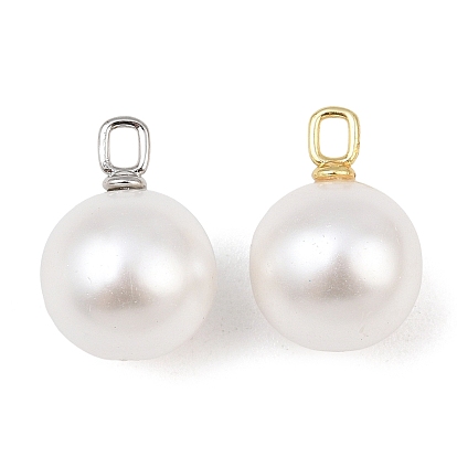 Shell Pearl Pendants, White Round Charms with Brass Bails, Long-Lasting Plated, Cadmium Free & Lead Free, Rack Plating