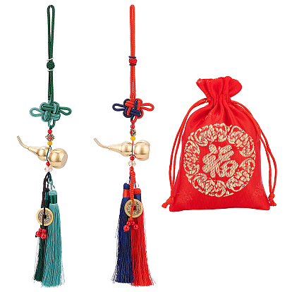 3Pcs 3 Style Brass & Plastic Car Pendants, with Polyester Tassels, Gourd & Coins Hanging Ornaments, with Polyester Storage Bag