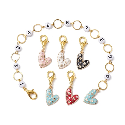 6Pcs Heart & Rose Alloy Enamel Knitting Row Counter Chains & Locking Stitch Markers Kits