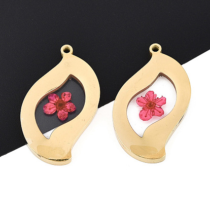 304 подвески из нержавеющей стали с эпоксидной смолой, лист с сушеным цветком, ионное покрытие (ip), реальный 18 k позолоченный