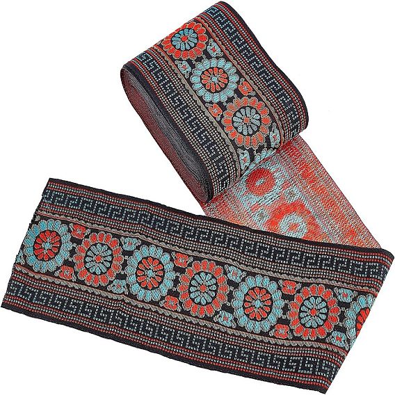 Ethnic Style Embroidery Polycotton Ribbons, Jacquard Ribbon, with Gold & Black & Light Blue Flower Pattern, Garment Accessories