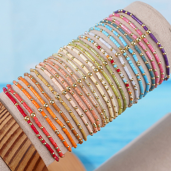 Минималистичные браслеты из стеклянных бусин и латунных бусин для женщин, круглые, золотые