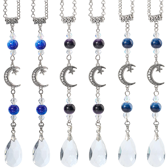 6 шт. 3 Цвета: латунные цепочки-ролики и стеклянные круглые подвески-капли, Сплав с застежками когтя омара, для автомобильных подвесных украшений, звезда и луна