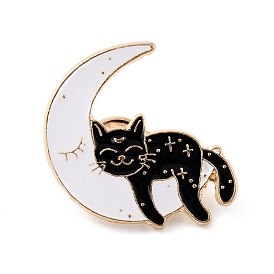 Cat with Moon Enamel Pin, Cute Alloy Enamel Brooch for Backpacks Clothes, Light Gold