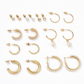 Ring & Round Rhinestone Stud Earrings, Imitation Pearl Beads Drop Half Hoop Earrings, Open Hoop Earrings for Women